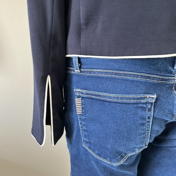 Frame Denim Piped Cropped Double Breasted Blazer Slit Cuff Navy Blue Sz 8 - Picture 10 of 16